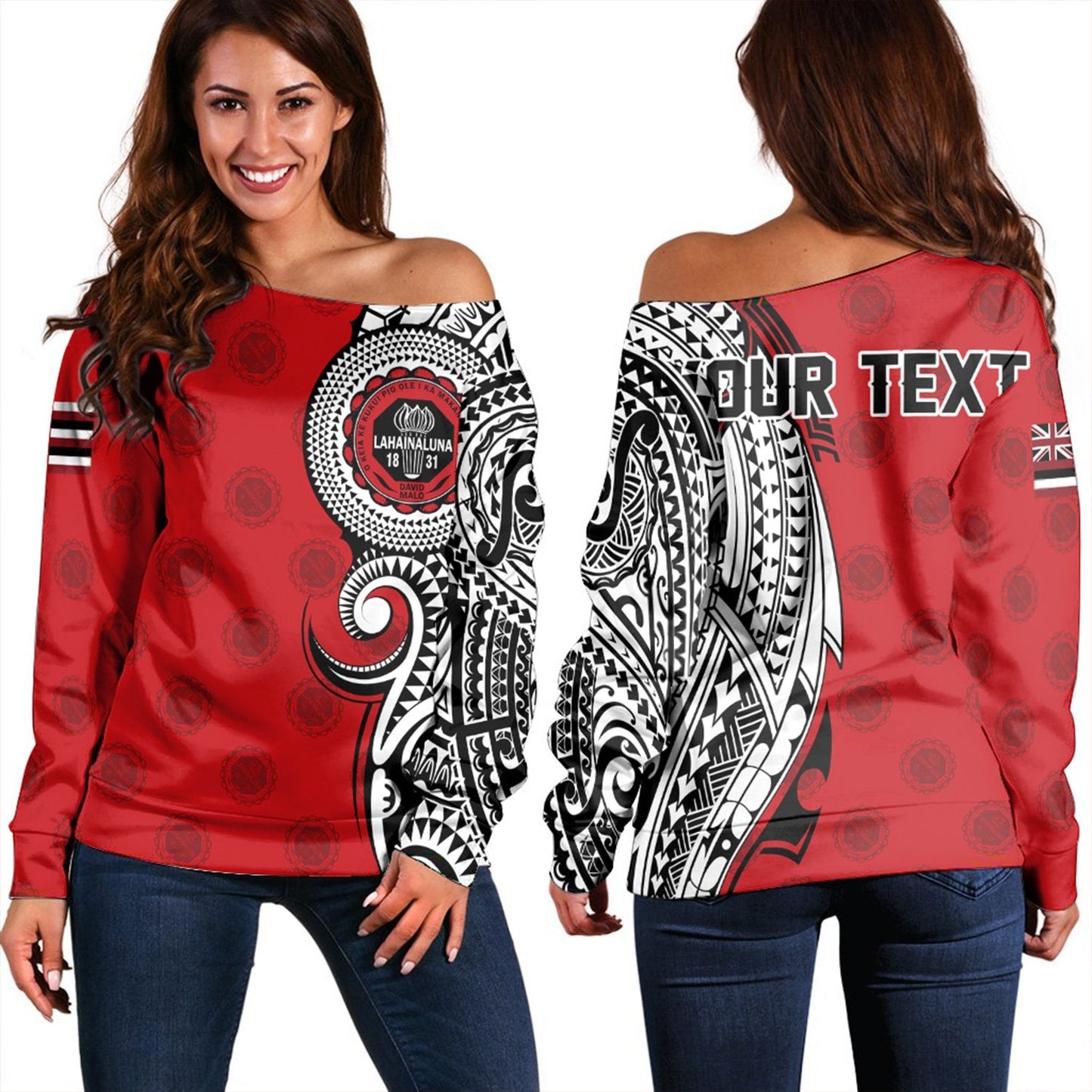 (Personalised) Hawaii Lahainaluna High Tribal Kakau Women's Off Shoulder Sweatshirt AH