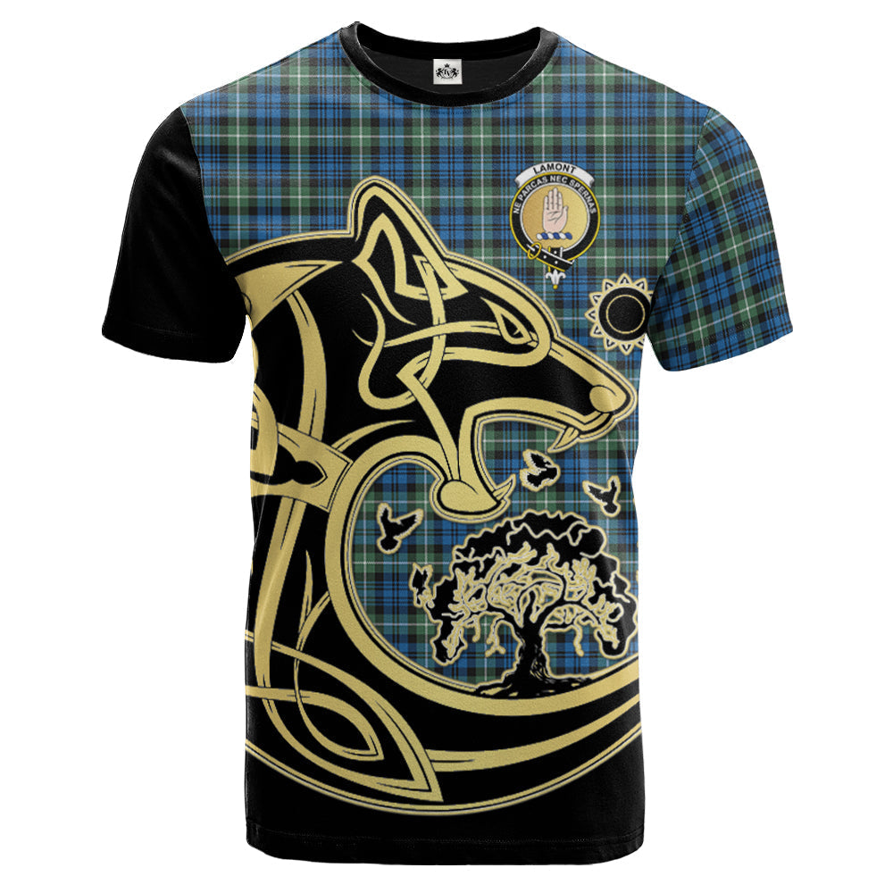 Printivon Lamont Ancient Crest Celtic Wolf Tartan T Shirt Custom Your Text