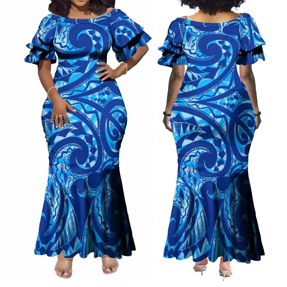 Polynesian Traditional Printed Island Blue Fishtail Dress And Hawaiian Shirt Matching Outfit For Couple Set For Him Her