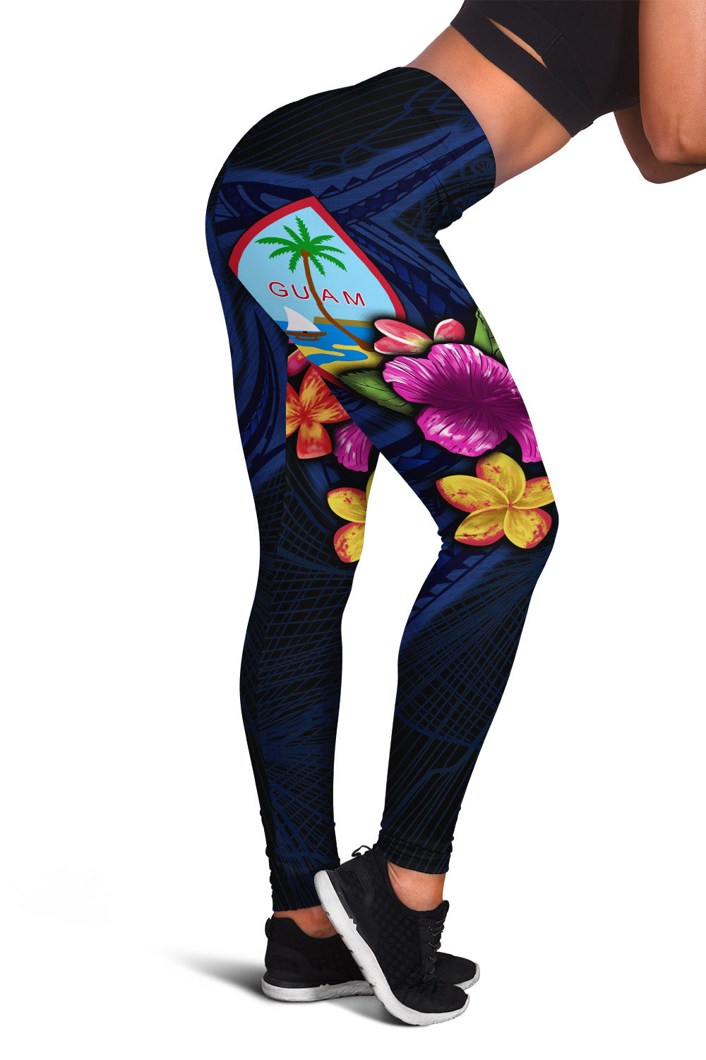 Guam Women's Leggings - Polynesian Floral With Seal Black