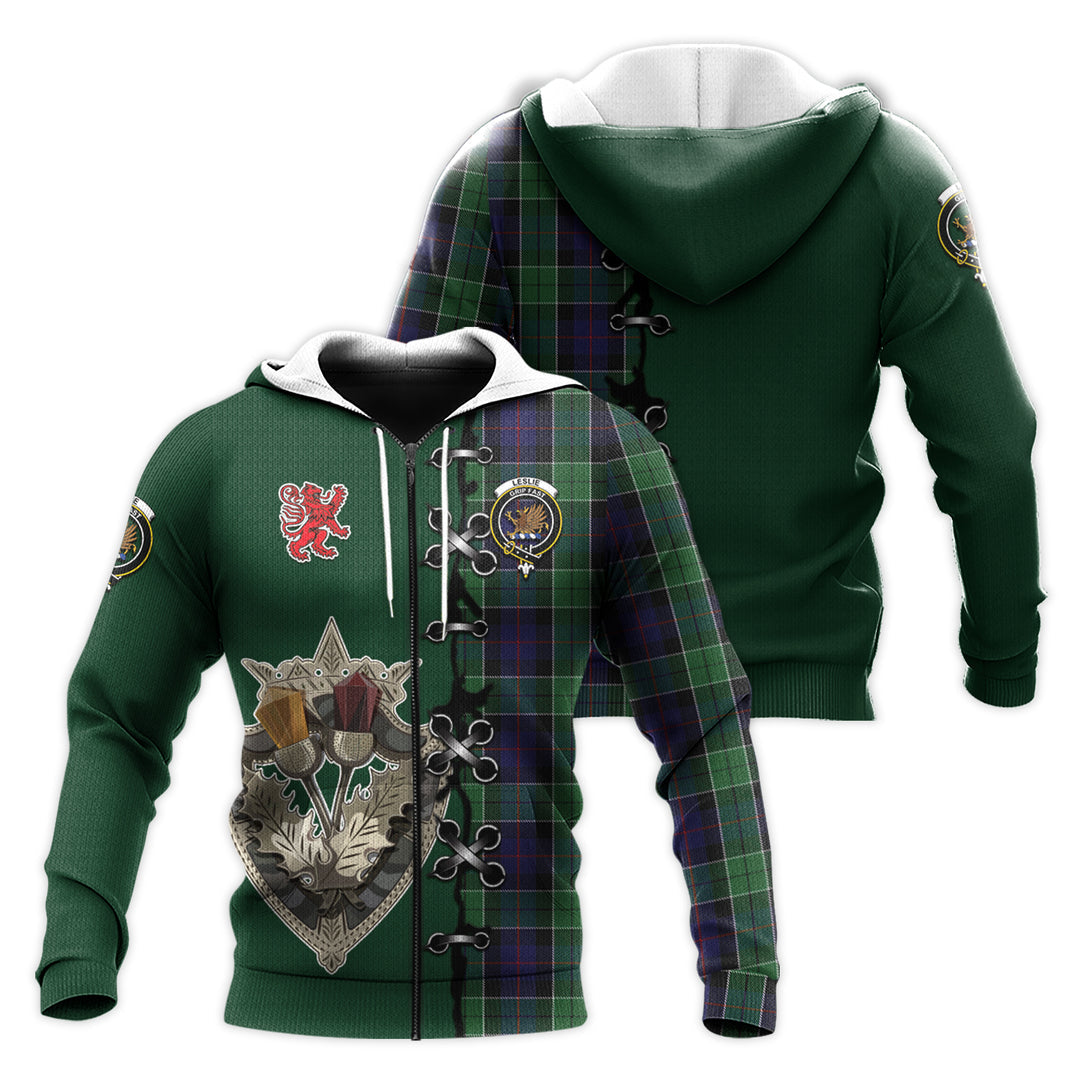 Printivon Leslie Hunting Tartan Hoodie Lion Rampant And Celtic Thistle Style