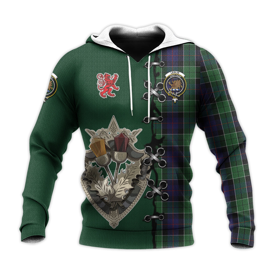 Printivon Leslie Hunting Tartan Hoodie Lion Rampant And Celtic Thistle Style