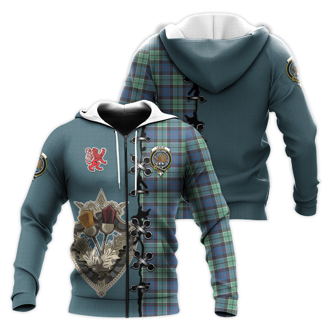 Printivon Leslie Hunting Ancient Tartan Hoodie Lion Rampant And Celtic Thistle Style