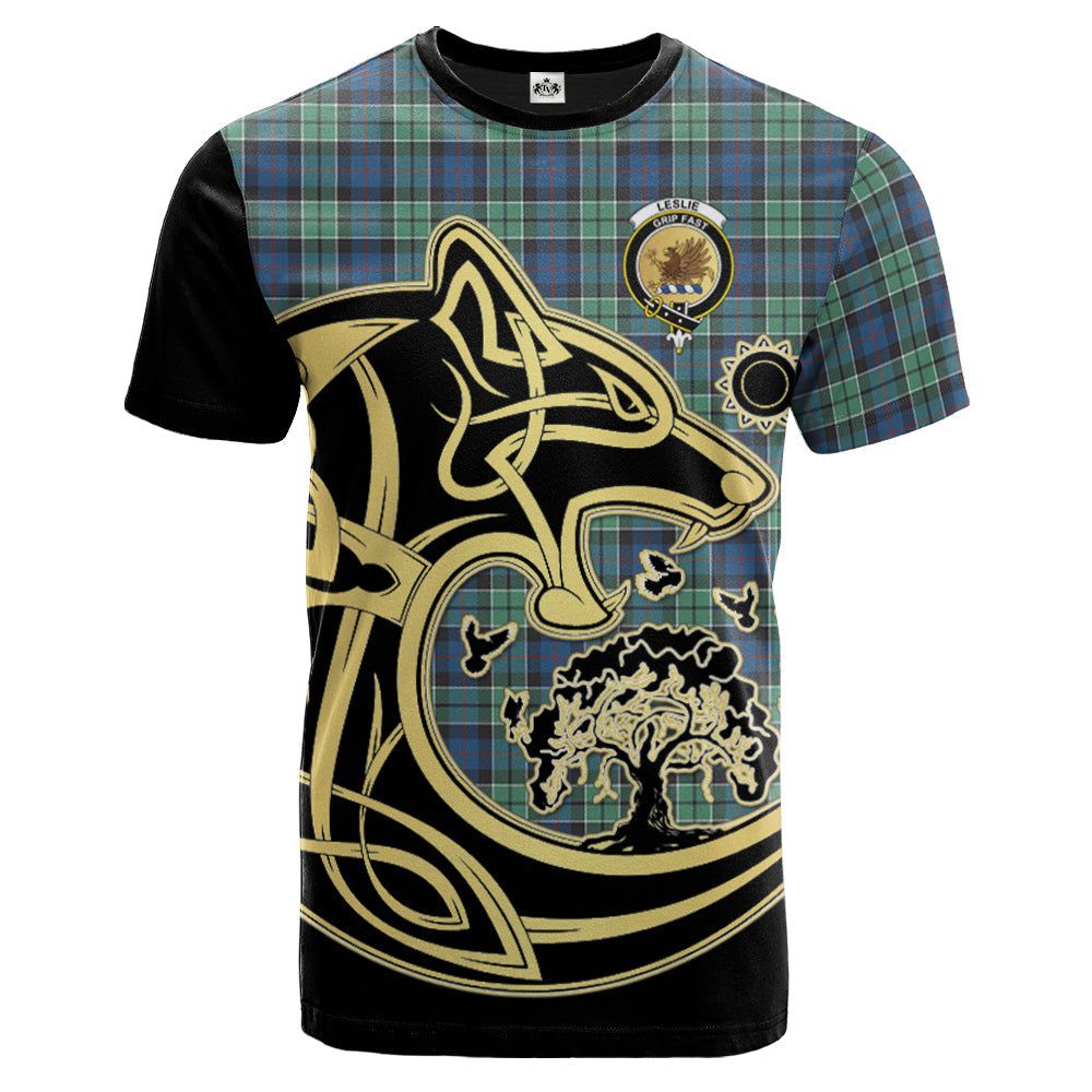Printivon Leslie Hunting Ancient Crest Celtic Wolf Tartan T Shirt Custom Your Text