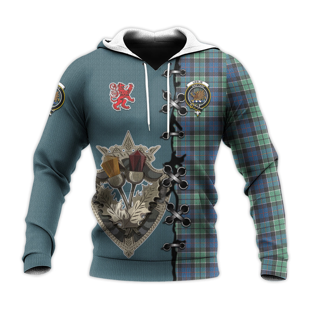 Printivon Leslie Hunting Ancient Tartan Hoodie Lion Rampant And Celtic Thistle Style
