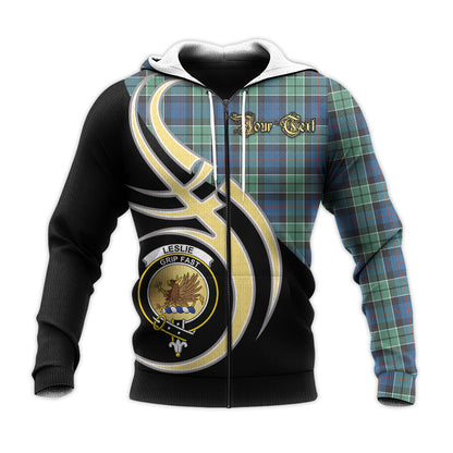 Printivon Leslie Hunting Ancient Clan Believe In Me Crest Tartan Knitted Hoodie Custom Your Text