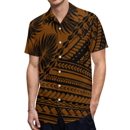 Brown Polynesian Tribal Pattern Party Matching Outfit For Couple Clothing Tropical Fishtail Dress And Hawaiian Shirt