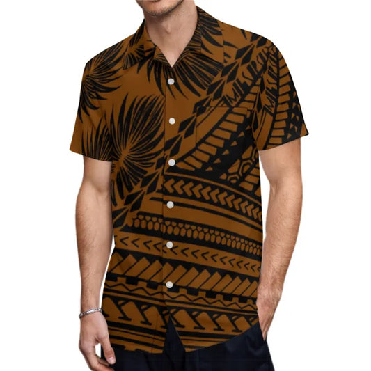 Brown Polynesian Tribal Pattern Party Matching Outfit For Couple Clothing Tropical Fishtail Dress And Hawaiian Shirt