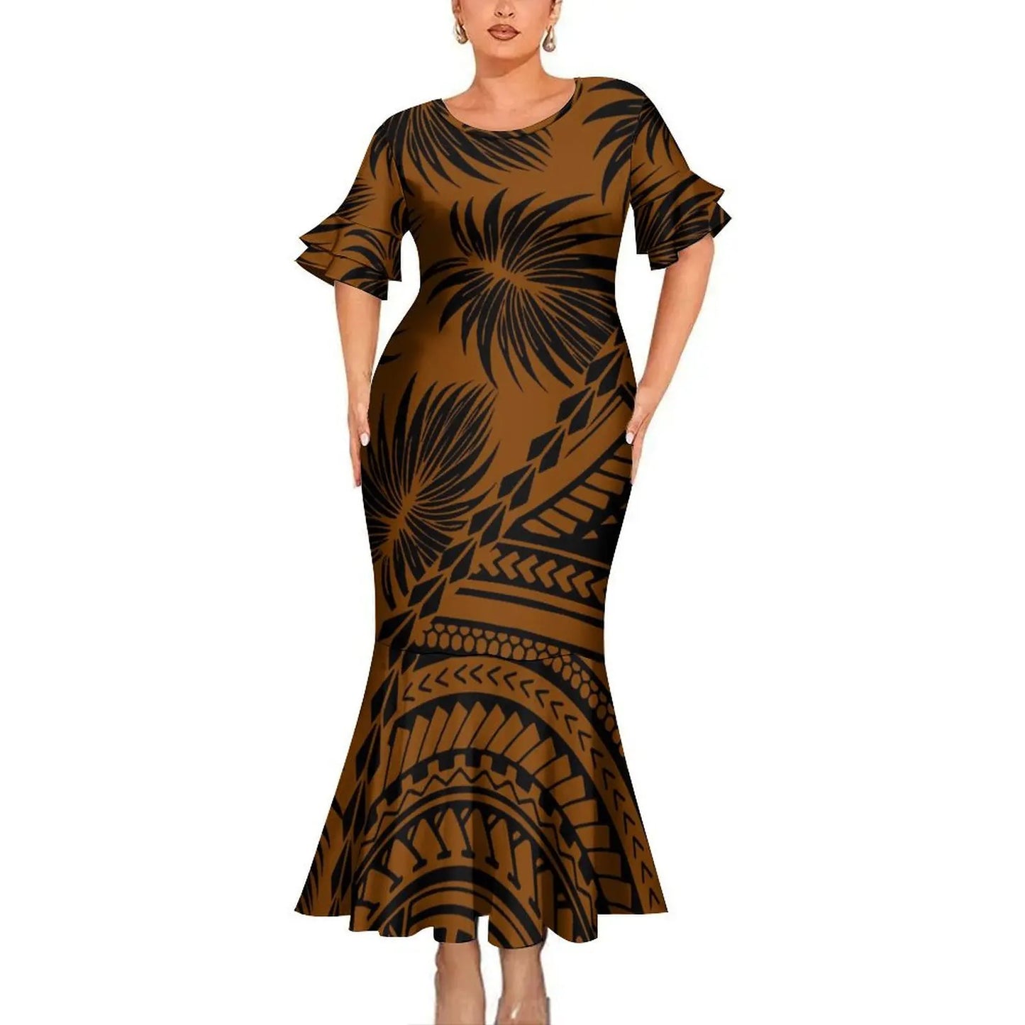 Brown Polynesian Tribal Pattern Party Matching Outfit For Couple Clothing Tropical Fishtail Dress And Hawaiian Shirt