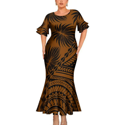 Brown Polynesian Tribal Pattern Party Matching Outfit For Couple Clothing Tropical Fishtail Dress And Hawaiian Shirt