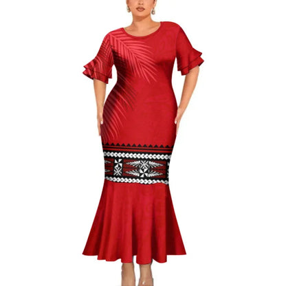 Polynesian Tribal Leaf Pattern Red Couple Clothing Tropical Fishtail Dress And Hawaiian Shirt Matching Outfit For Her Him