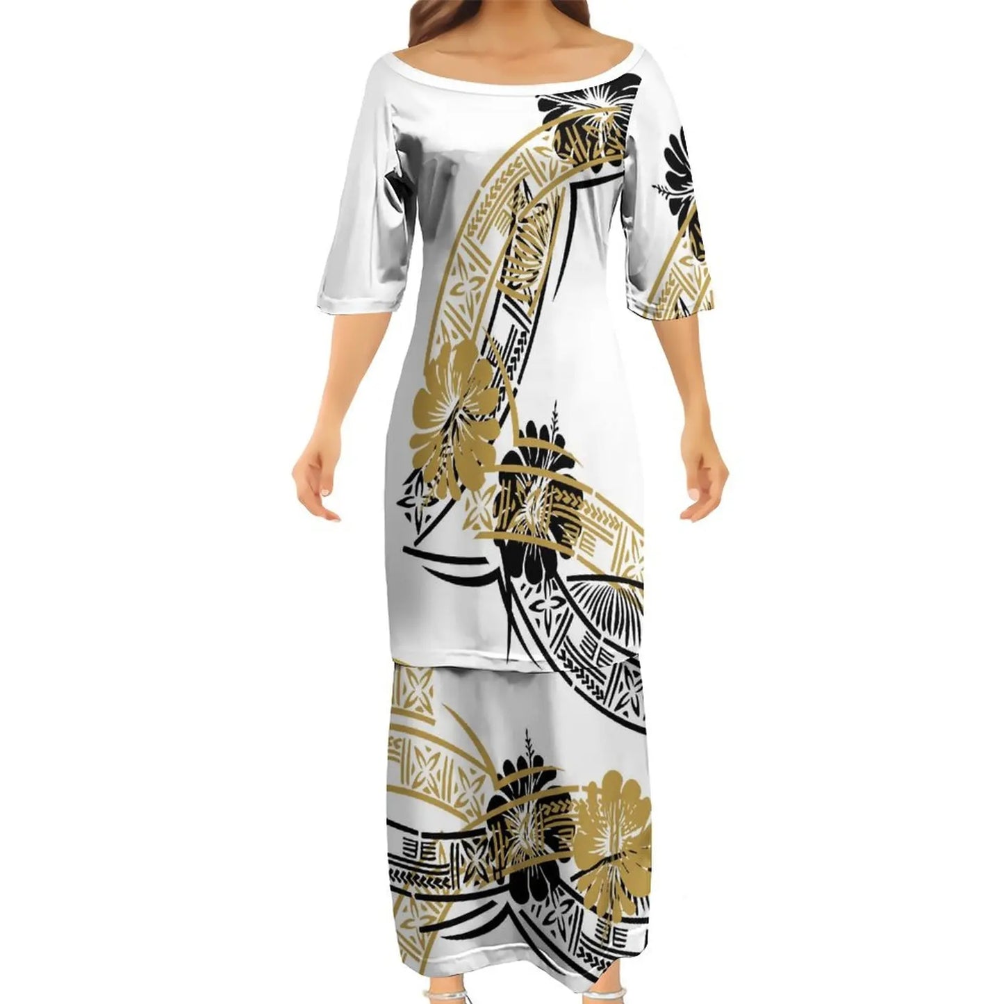 Samoan Puletasi Polynesian Set Traditional Tribal Matching Outfit For Couple Island Women's Puletasi Dress Men's Long Sleeve Button Shirt