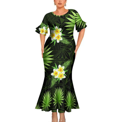 Plumeria Flowers Polynesian Tribal Pattern Party Matching Outfit For Couple Clothing Tropical Fishtail Dress And Hawaiian Shirt