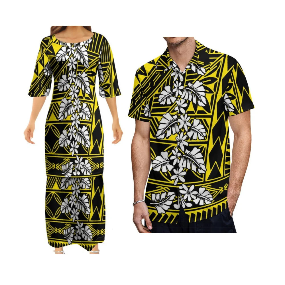 Tropical Leaf Polynesian Traditional Printed Yellow Matching Outfit For Couple Tropical Island Puletasi Dress Man Shirt For Her Him
