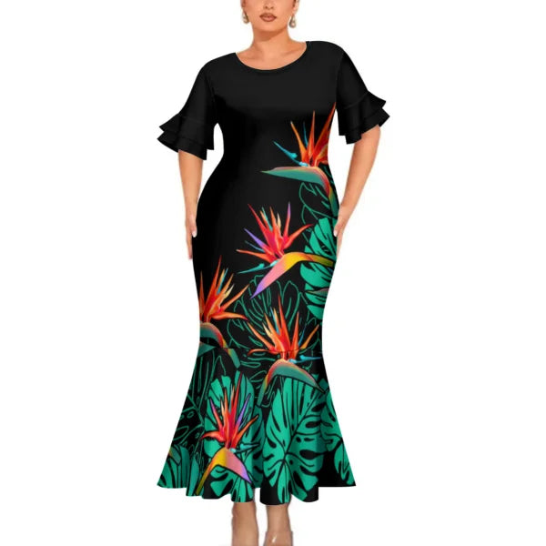 Flowers Tropical Pattern Polynesian Outfit For Couple Fishtail Skirt Dress And Hawaiian Shirt