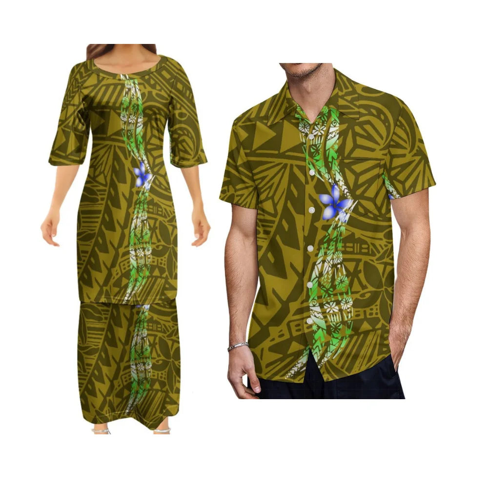 Flowers Polynesian Tribal Traditional Printed Matching Outfit For Couple Tropical Island Puletasi Dress Man Shirt For Her Him