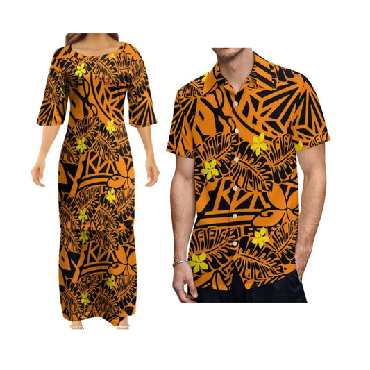 Vintage Flowers Leaf Polynesian Traditional Printed Orange Matching Outfit For Couple Tropical Island Puletasi Dress Man Shirt For Her Him
