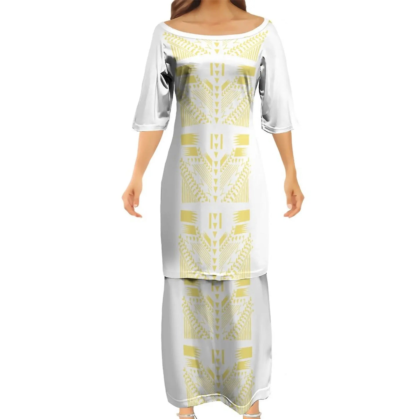 Samoan Puletasi Polynesian Set Traditional Tribal Pattern Yellow Matching Outfit For Couple Island Women's Puletasi Dress Men's Long Sleeve Button Shirt