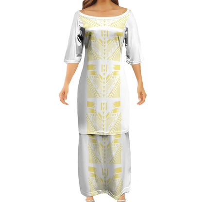 Samoan Puletasi Polynesian Set Traditional Tribal Pattern Yellow Matching Outfit For Couple Island Women's Puletasi Dress Men's Long Sleeve Button Shirt