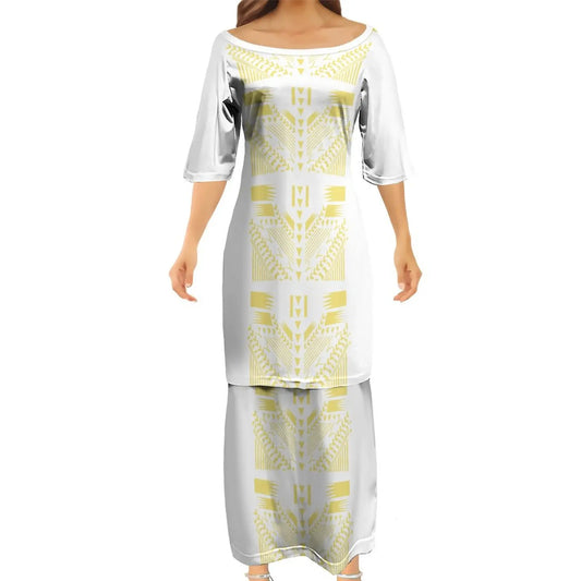 Samoan Puletasi Polynesian Set Traditional Tribal Pattern Yellow Matching Outfit For Couple Island Women's Puletasi Dress Men's Long Sleeve Button Shirt