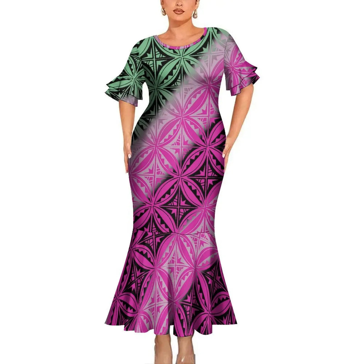 Tropical Pattern Polynesian Tribal Geometric Pink Outfit For Couple Fishtail Skirt Dress And Hawaiian Shirt