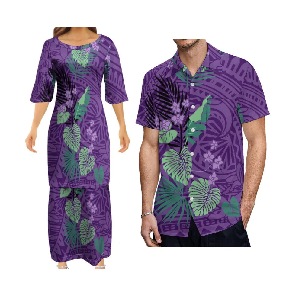Tropical Leaf Polynesian Traditional Printed Purple Matching Outfit For Couple Tropical Island Puletasi Dress Man Shirt For Her Him