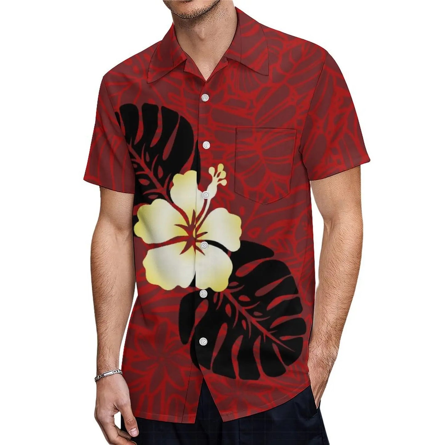 Hibiscus Flowers Polynesian Tribal Pattern Matching Outfit For Couple Puletasi Dress Man Shirt Party Set