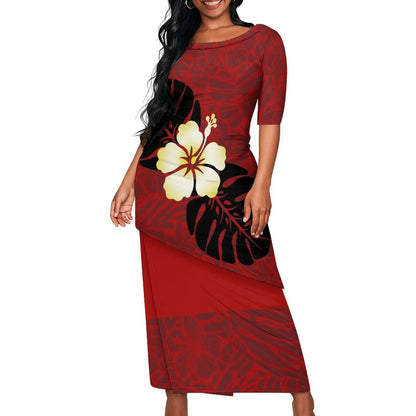 Hibiscus Flowers Polynesian Tribal Pattern Matching Outfit For Couple Puletasi Dress Man Shirt Party Set