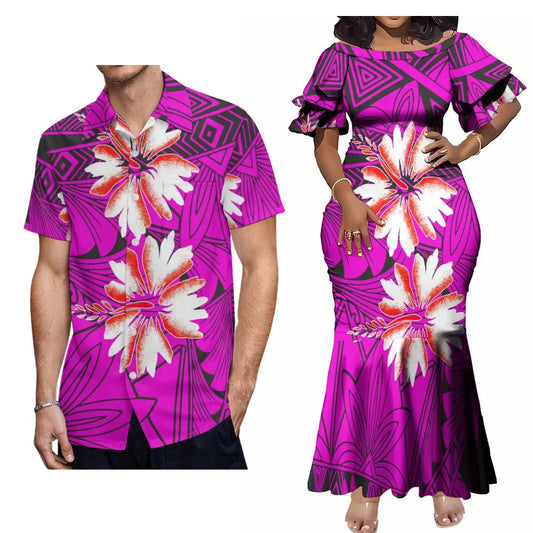 Polynesian Tribal Party Matching Outfit For Couple Flowers Island Fishtail Dress And Hawaiian Shirt
