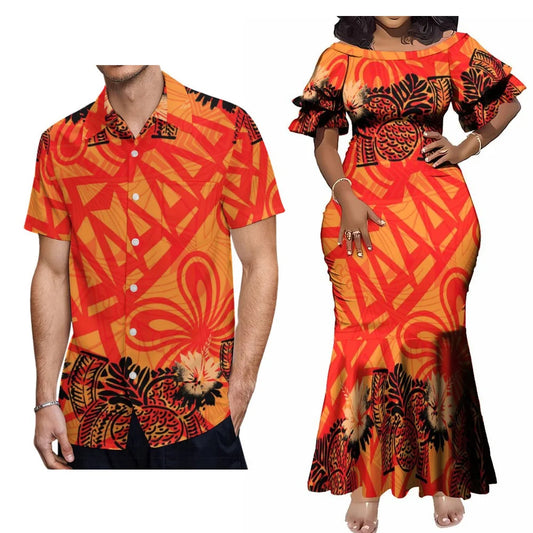 Polynesian Party Matching Outfit For Couple Polynesian Tribal Island Fishtail Dress And Hawaiian Shirt