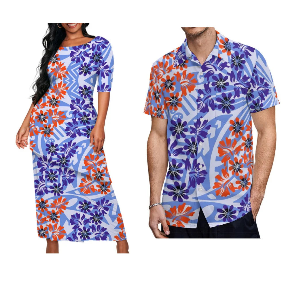 Flowers Polynesian Island Purple Matching Outfit For Couple Women Puletasi Men's Shirt For Him Her