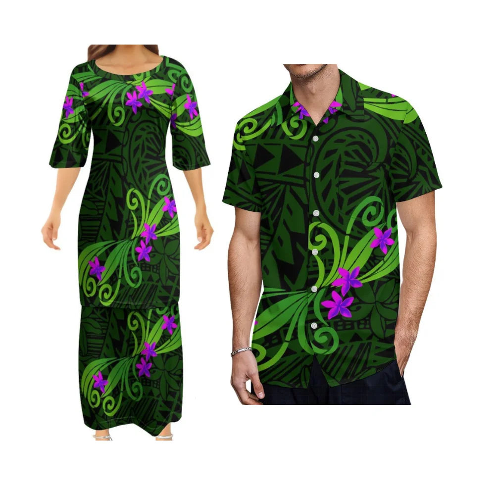 Flowers Polynesian Traditional Printed Matching Outfit For Couple Tropical Island Puletasi Dress Man Shirt For Her Him