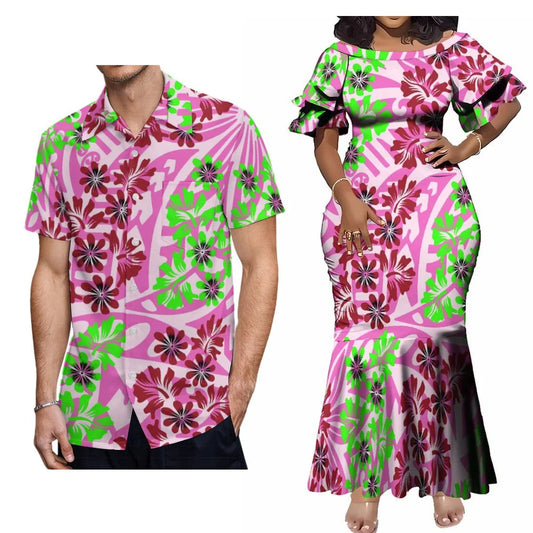 Polynesian Tribal Party Matching Outfit For Couple Island Fishtail Dress And Hawaiian Shirt
