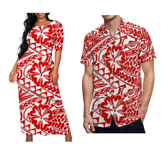 Hibiscus Polynesian Island Red Matching Outfit For Couple Women Puletasi Men's Shirt For Him Her