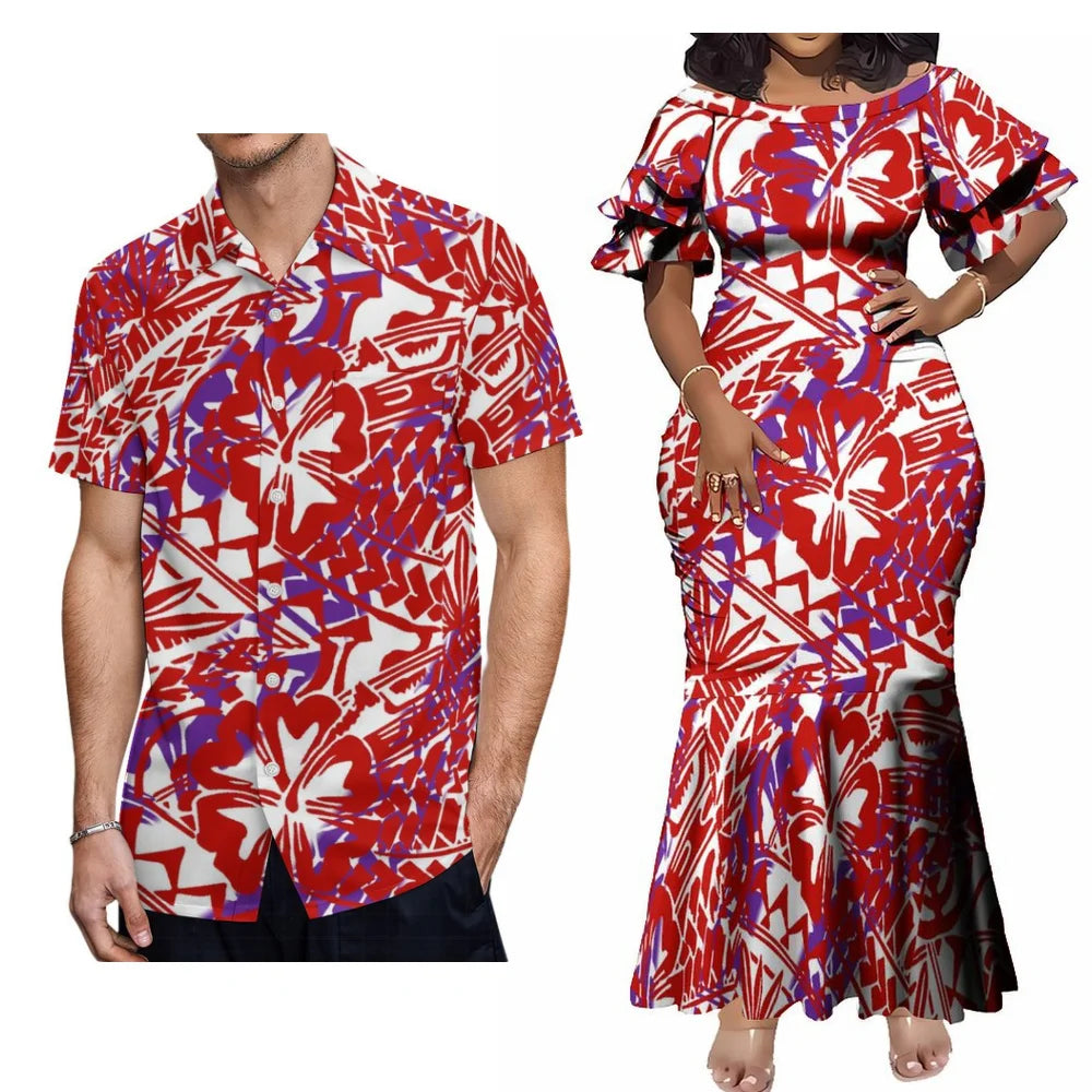 Polynesian Tropical Red Party Matching Outfit For Couple Island Fishtail Dress And Hawaiian Shirt