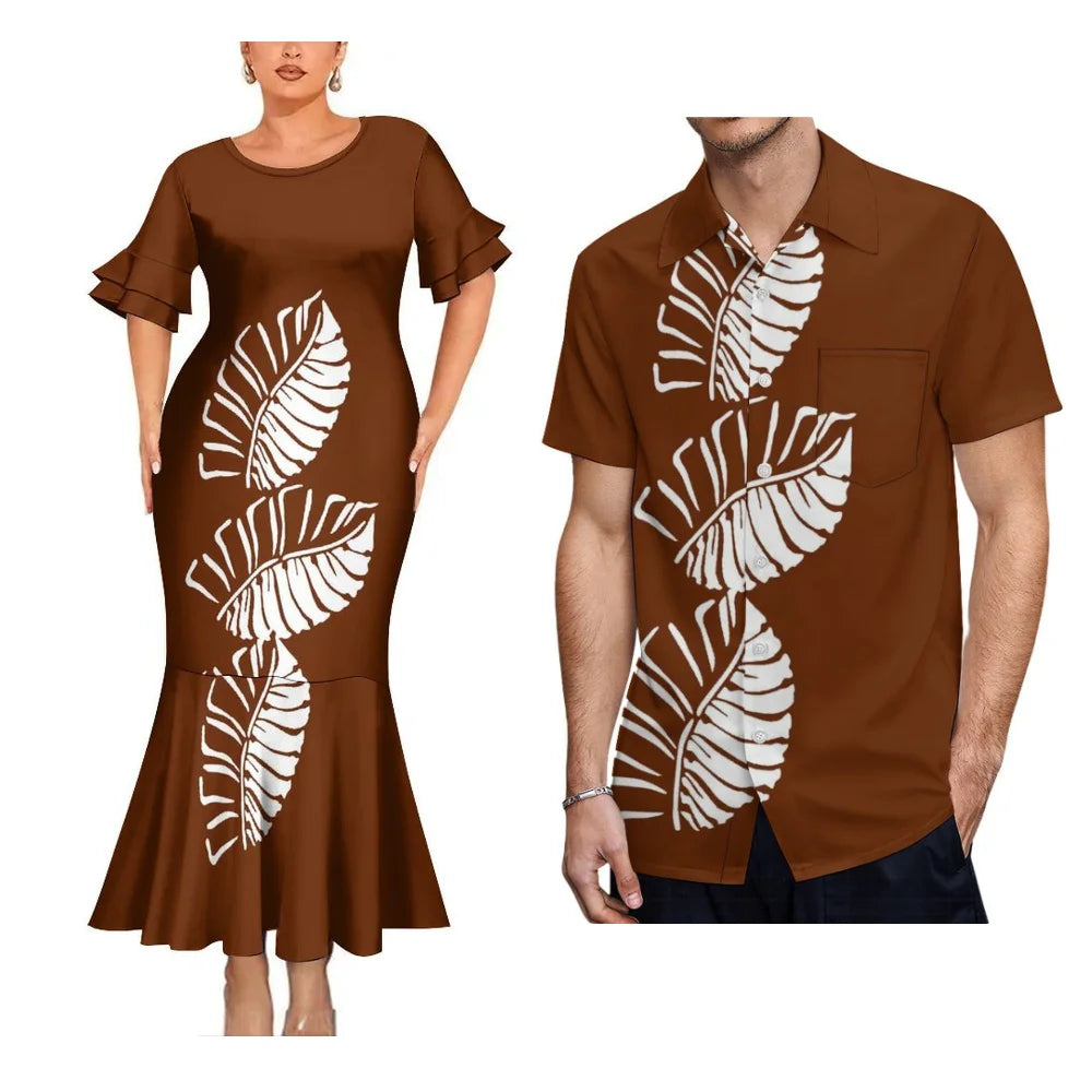 Polynesian Tribal Leaf Pattern Vintage Matching Clothes For Couple Fishtail Skirt Dress And Hawaii Shirt Couple Outfit