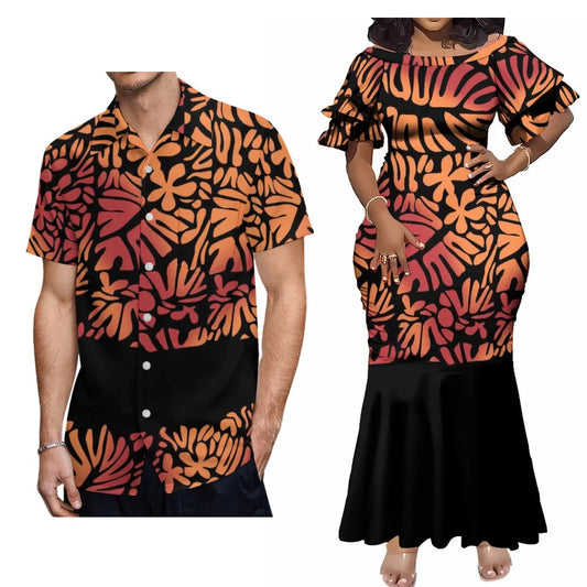 Polynesian Tropical Party Matching Outfit For Couple Island Fishtail Dress And Hawaiian Shirt