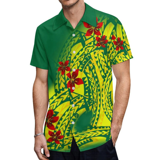 Flowers Polynesian Tribal Pattern Matching Outfit For Couple Puletasi Dress Man Shirt Party Set