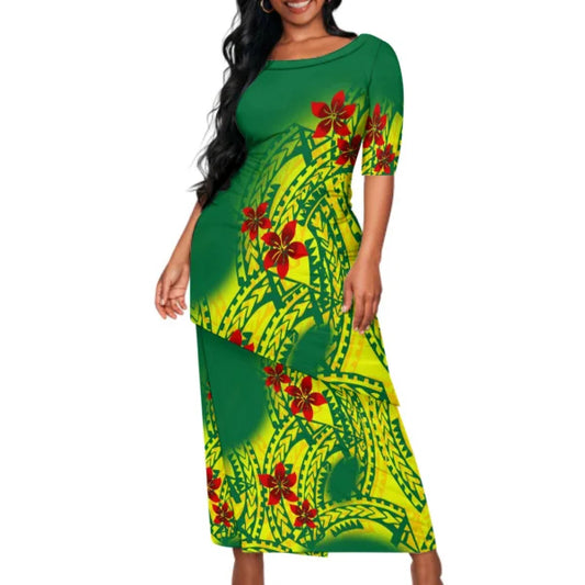 Flowers Polynesian Tribal Pattern Matching Outfit For Couple Puletasi Dress Man Shirt Party Set