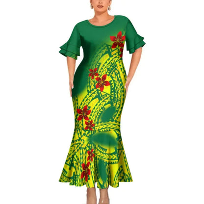 Polynesian Printed Flowers Pattern Green Matching Outfit For Couple Clothing Tropical Fishtail Dress And Shirt For Her Him
