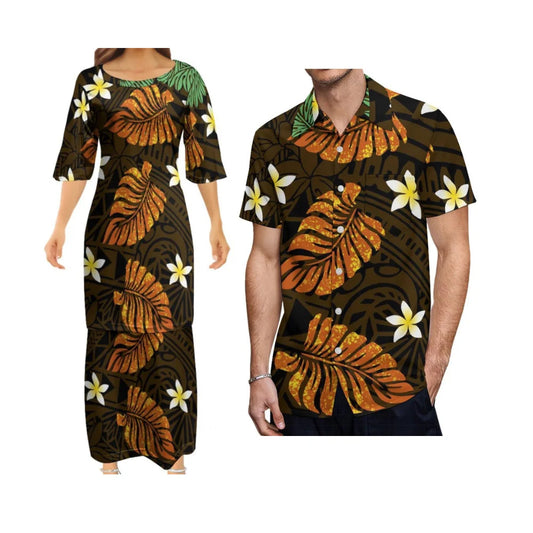 Vintage Leaf Polynesian Traditional Printed Matching Outfit For Couple Tropical Island Puletasi Dress Man Shirt For Her Him