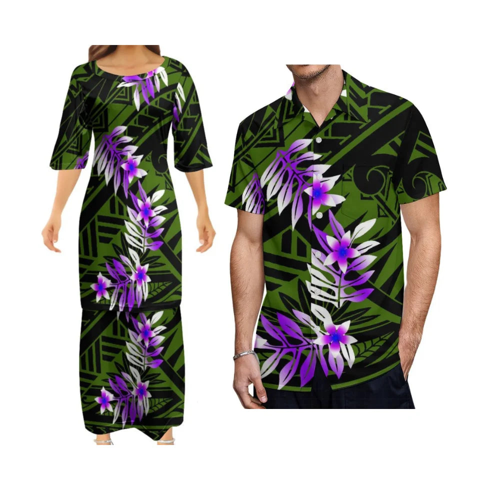 Tropical Leaf Polynesian Traditional Printed Matching Outfit For Couple Tropical Island Puletasi Dress Man Shirt For Her Him