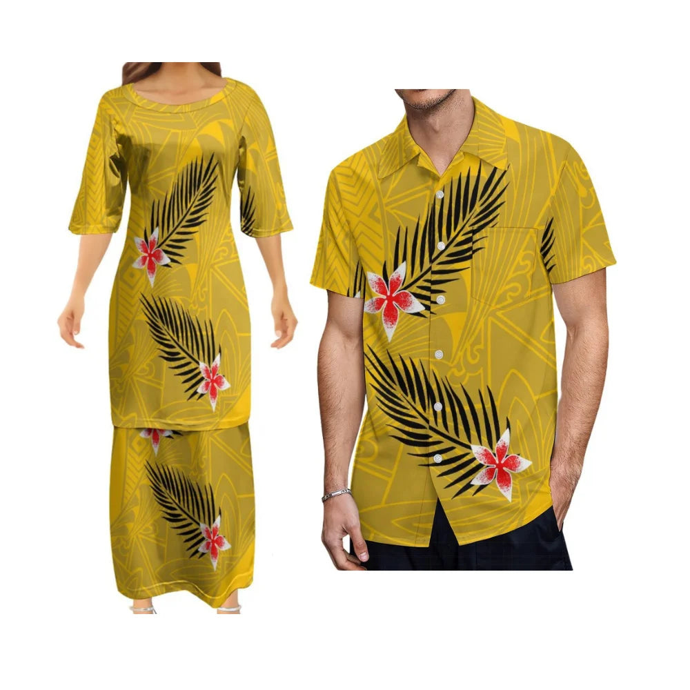 Yellow Polynesian Traditional Printed Matching Outfit For Couple Tropical Island Puletasi Dress Man Shirt For Her Him