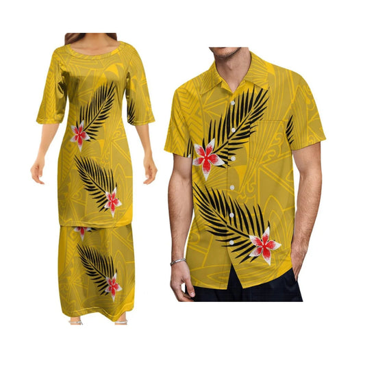 Yellow Polynesian Traditional Printed Matching Outfit For Couple Tropical Island Puletasi Dress Man Shirt For Her Him