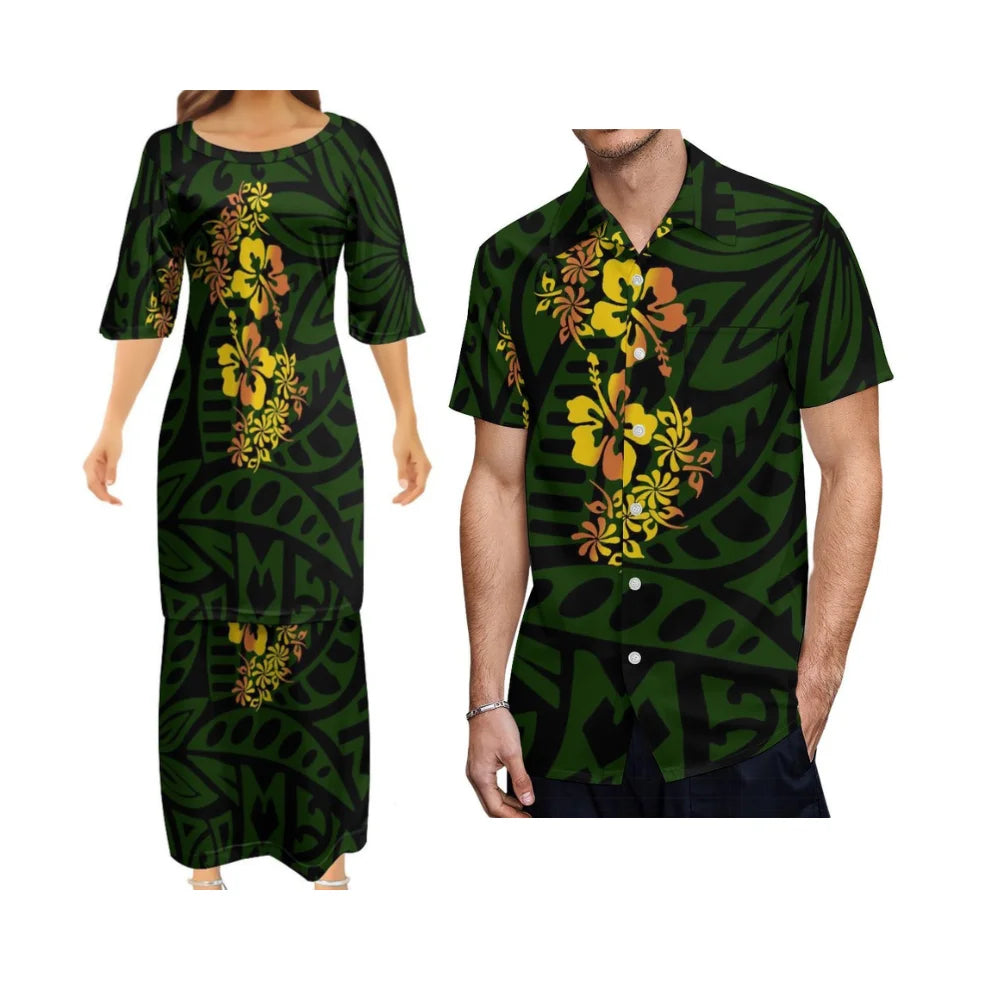 Hibiscus Flowers Polynesian Traditional Printed Matching Outfit For Couple Tropical Island Puletasi Dress Man Shirt For Her Him