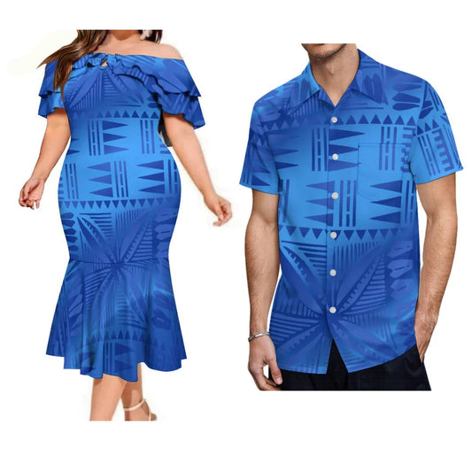 Island Style Blue Couple Suit Matching Outfit For Couple Polynesian Dress And Shirt Outfit Set