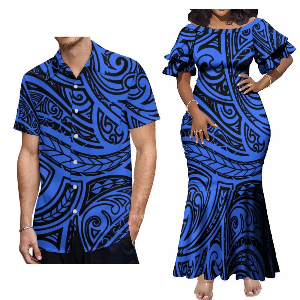 Polynesian Samoa Tropical Matching Outfit For Couple Ethnic Blue Women's Short-Sleeved Mermaid Dress Hawaiian Shirt