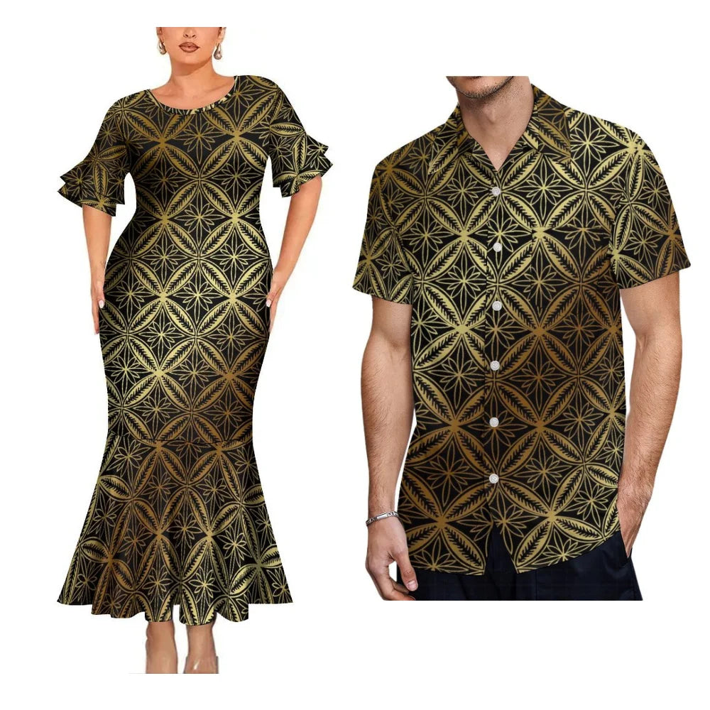 Polynesian Geometric Pattern Matching Clothes For Couple Fishtail Skirt Dress And Hawaii Shirt Couple Outfit