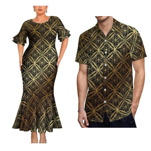 Polynesian Geometric Pattern Matching Clothes For Couple Fishtail Skirt Dress And Hawaii Shirt Couple Outfit