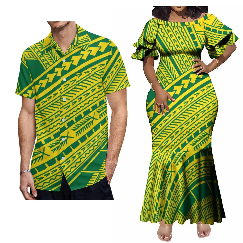 Polynesian Tribal Printed Green Matching Outfit For Couple Island Women's Short-Sleeved Mermaid Long Dress Men Hawaii Shirt